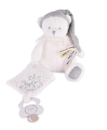 Doudou Darčeková sada Plyšový medvedík s úchytom na cumlík a dečkou sivý 20 cm