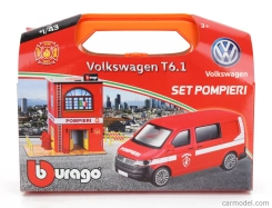 Bburago Accessories Diorama – Set Build Your City Fire Station – Caserma Vigili Del Fuoco – With Volkswagen T6 Minibus 1:43 červená biela