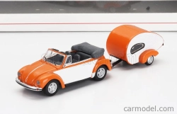 Schuco Volkswagen Beetle Cabriolet With Caravan Trailer 1960 1:87 Oranžová Bílá