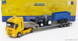 Newray Iveco fiat Stralis 540 Truck Pianale 2009 s traktorom New Holland T6.175 + príves 1:43 žltá modrá čierna