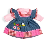 Bigjigs Toys Džínové šaty s růžovým lemem pro panenku 34 cm