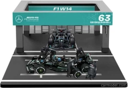 Bburago Mercedes gp F1  W14 Eq Performance Diorama Garage Pit-stop Team Amg Petronas Motorsport N 63 Season 2023 George Russell With Crew Figure And Accessories 1:43 Černá Stříbrná Zelená