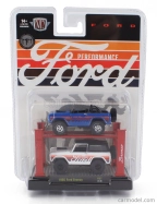 M2-machines Ford usa 2x Bronco 1966 - Garážový set Officina - Ponte Sollevatore Auto - Four Post Lift 1:64 White Blue
