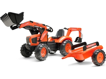 FALK - Šliapací traktor Kubota s nakladačom, rýpadlom a vlečkou