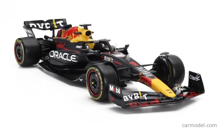 ROZBALENO-Bburago Red bull F1 Rb19 Team Oracle Red Bull Racing N 1 World Champion Season 2023 Max Verstappen 1:24 Matná Modrá Žlutá Červená