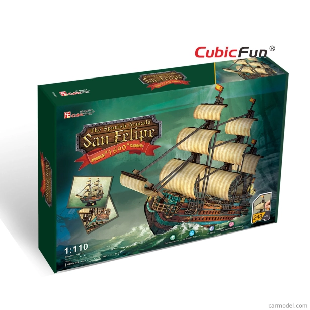 Cubicfun Puzzle Kit 3d v penovej lodi Španielska armáda San Felipe Veliero cm. 68x18x56 - 248 Pezzi - 248 dielikov 1:110 /