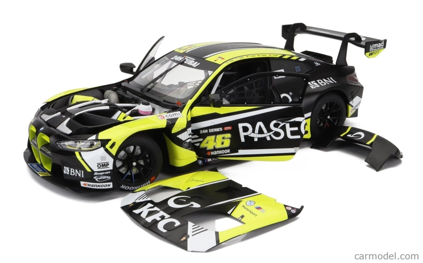 Minichamps BMW radu 4 M4 Gt3 Team Wrt N 46 3. 24h Dubaj 2023 Valentino Rossi - Sean Gelael - Max Hesse - Maxime Martin - Timothy Whale 1:18 Žltá čierna