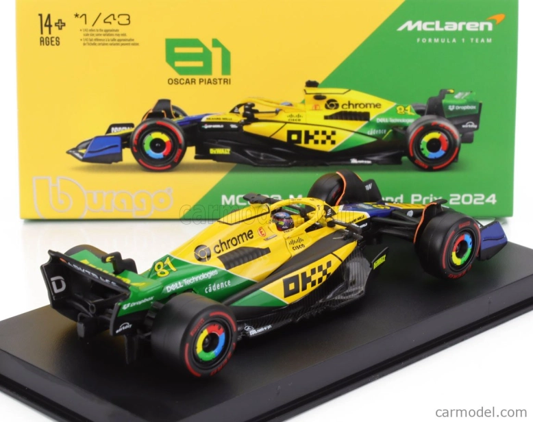 Bburago Mclaren F1  Mcl38 Team Mclaren N 81 2nd Monaco Gp (senna 30th Anniversary) 2024 Oscar Piastri - With Pilot And Showcase 1:43 Žlutá Zelená Černá