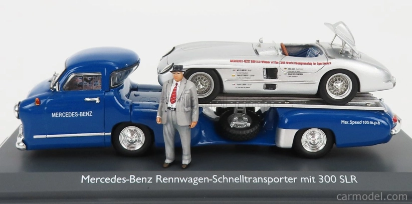 Schuco Mercedes benz Racing Car Transporter Truck Rennwagen 1955 With 300 Slr Spider 1:43 Modrá Stříbrná