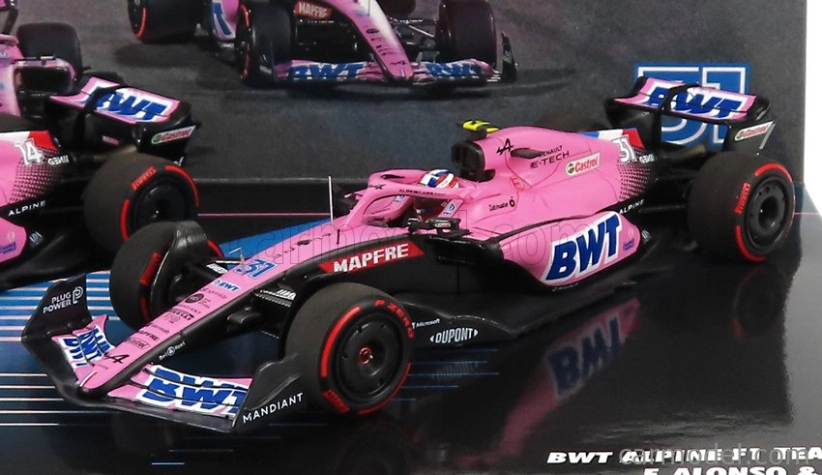 Minichamps Renault F1 Set 2x A522 Team Alpine Bwt N 14 Bahrain GP 2022 Fernando Alonso + N 31 Bahrain GP 2022 Esteban Ocon 1:43 Pink