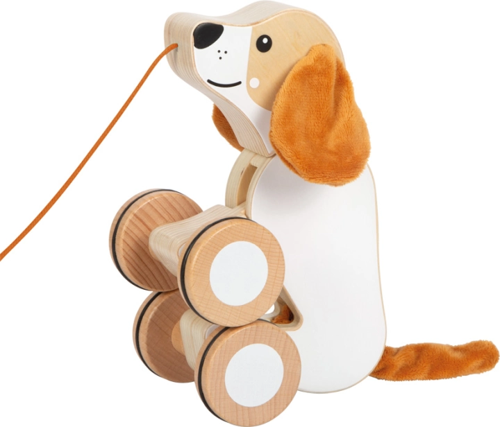 malá noha Drevená hračka na ťahanie Pes so šuštiacimi ušami
