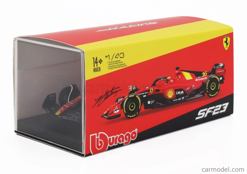 Bburago Ferrari F1 Sf-23 Team Scuderia Ferrari N 16 4th Monza Italy Gp 2023 Charles Leclerc – With Pilot And Showcase 1:43 červená čierna žltá