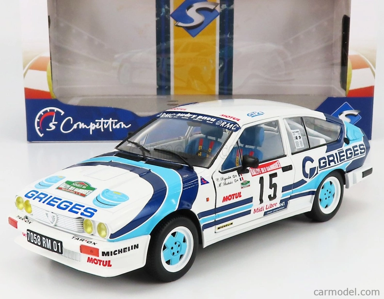 Solido Alfa romeo Alfetta Gtv6 N 15 Rally Des Garrigues 1986 C.rigollet - M.bathelot 1:18 Biela 2 tóny Modrá