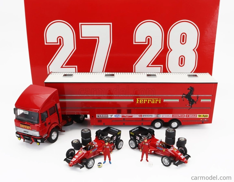 Brumm Iveco fiat Fiat Iveco 190 Truck Car Transporter Monaco Gp 1984 With 2x F1 Ferrari 126ck Turbo N 27 Michele Alboreto - N 28 Rene Arnoux + Figures And Accessories 1:43 Red
