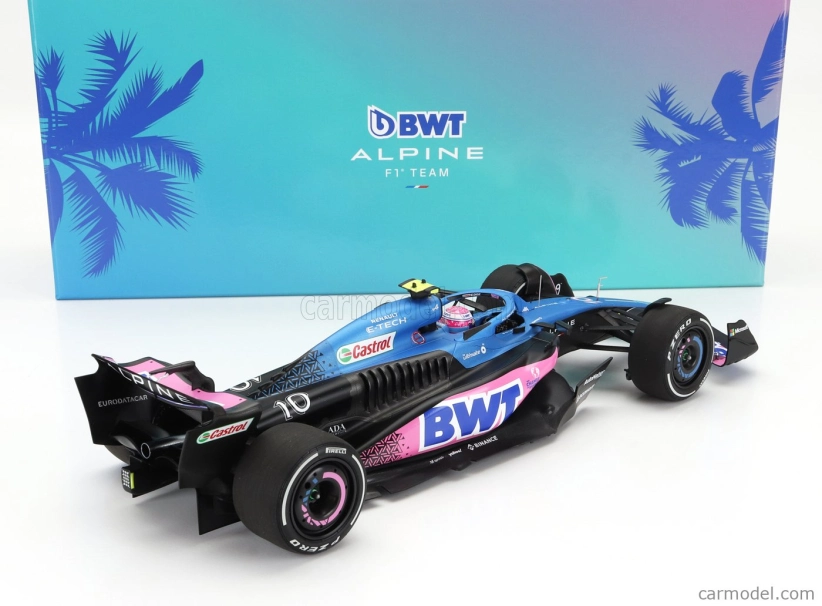 Minichamps Renault F1  A523 Team Bwt Alpine N 10 8th Miami Gp With Pit Board 2023 Pierre Gasly 1:18 Modrá Černá Růžová