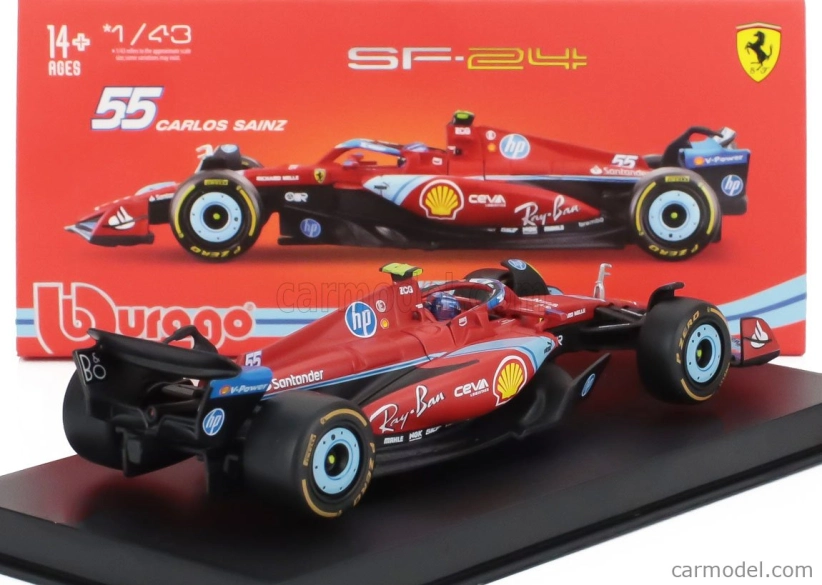 Bburago Ferrari F1 Sf-24 Team Scuderia Ferrari N 55 5th Miami Gp 2024 Carlos Sainz – With Pilot And Showcase 1:43 červená čierna svetlomodrá