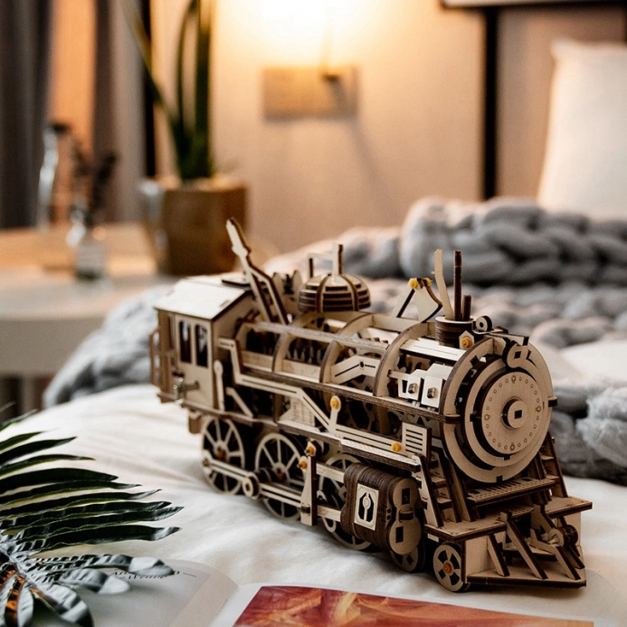 RoboTime 3D drevené mechanické puzzle Parná lokomotíva