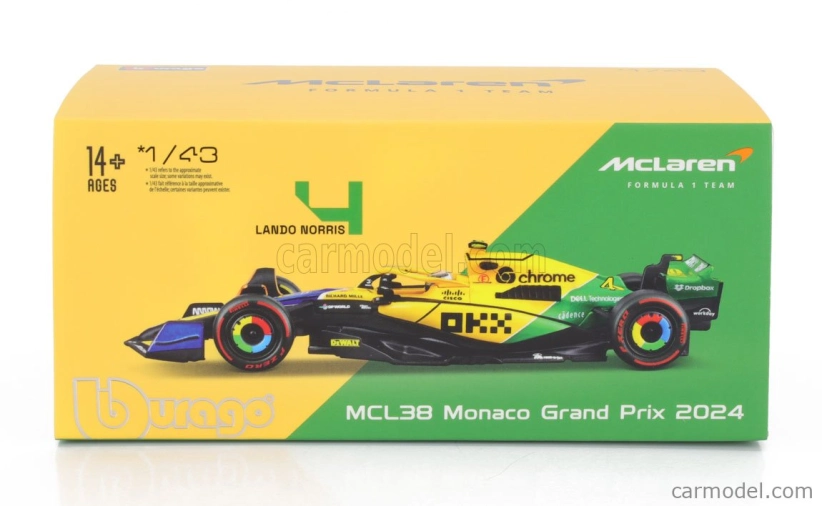 Bburago Mclaren F1  Mcl38 Team Mclaren N 4 4th Monaco Gp (senna 30th Anniversary) 2024 Lando Norris - With Pilot And Showcase 1:43 Žlutá Zelená Černá
