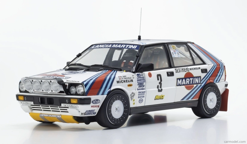 Kyosho Lancia Delta Hf Integrale 4wd Team Martini Racing (nočná verzia) N 3 Winner Rally Montecarlo 1988 Bruno Saby - Jean Francois Fauchille 1:18 Biela modrá červená