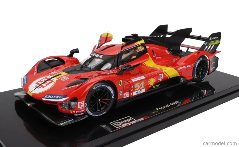 Bburago Ferrari 499p 3.0l Turbo V6 Team Ferrari Af Corse N 51 Winner 24h Le Mans 2023 Alessandro Pier Guidi - James Calado - Antonio Giovinazzi - With Showcase - Exclusive Carmodel 1:18 Červená Žlutá Černá
