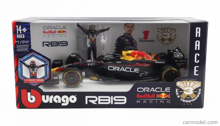 ROZBALENO-Bburago Red bull F1 Rb19 Team Oracle Red Bull Racing N 1 World Champion Season 2023 Max Verstappen 1:24 Matná Modrá Žlutá Červená