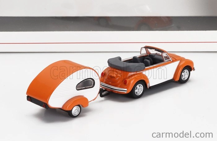 Schuco Volkswagen Beetle Cabriolet With Caravan Trailer 1960 1:87 Oranžová Bílá
