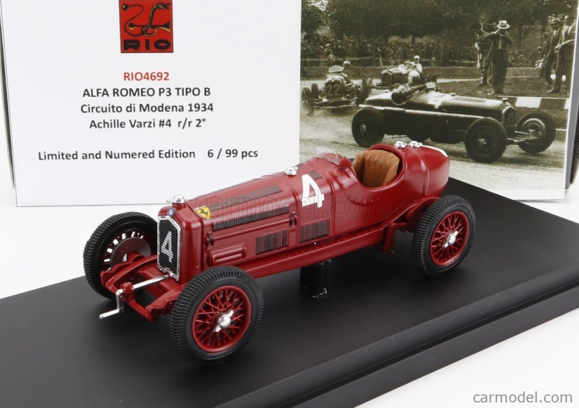 Rio-models Alfa romeo P3 Tipo B N 4 2nd Circuito Di Modena 1934 Achille Varzi 1:43 Červená