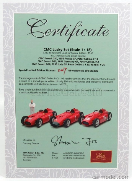 Cmc Ferrari Set 3x F1 D50 Short Nose N 14 French Gp 1956 Collins - F1 D50 Long Nose N 2 German Gp 1956 Collins - F1 D50 N 26 Monza Italy Gp 1956 Collins 1:18 Red