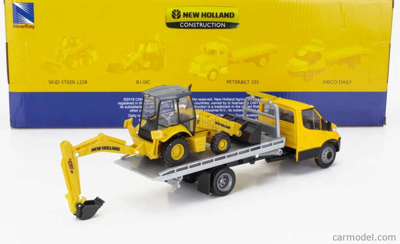 Newray Iveco fiat Daily Roll-off Pianale 2023 With Accessories + New Holland B110c Ruspa Gommata - Scraper Tractor 1:36 Žlutá Černá