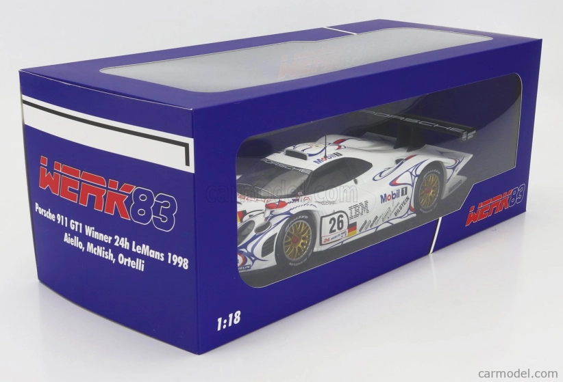 Werk83 Porsche 911 Gt1-98 3.2l Turbo Team Porsche Ag Mobil-1 N 26 Winner 24h Le Mans 1998 Allan Mcnish - Laurent Aiello - Stephane Ortelli 1:18 Bílá Modrá Červená