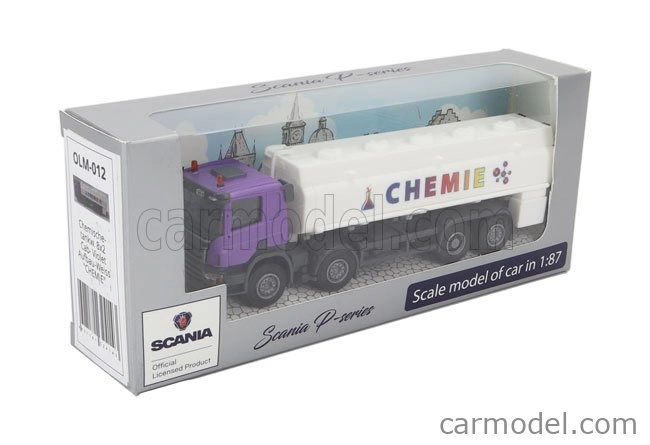 Brekina plast Scania P124.860 Cisterna Chemie 3-assi 1988 1:87 Biela fialová