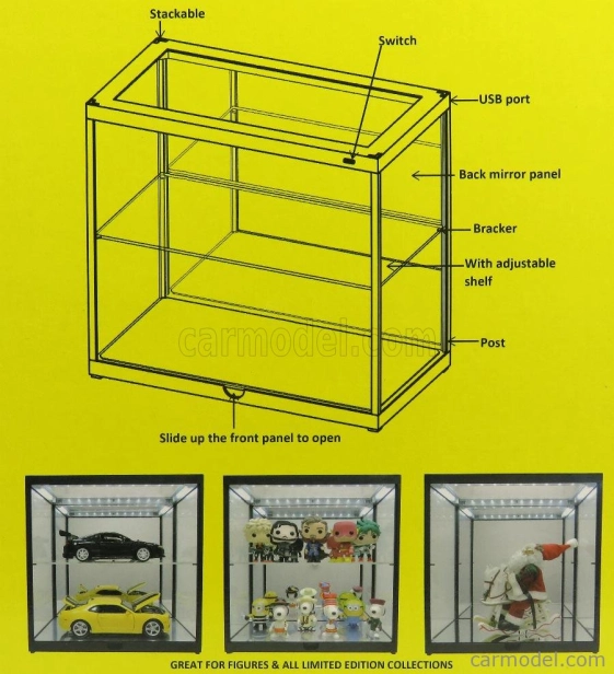 Triple9 Vetrina display box Vetrina Nera Con Specchio - Black Vitrine With Mirror - Lungh.lenght 36 Cm  X Largh.width 17.7 Cm  X Alt.height 37.2 Cm - Luci Funzionanti - With Led 1:18 Černá - Plastový Displej