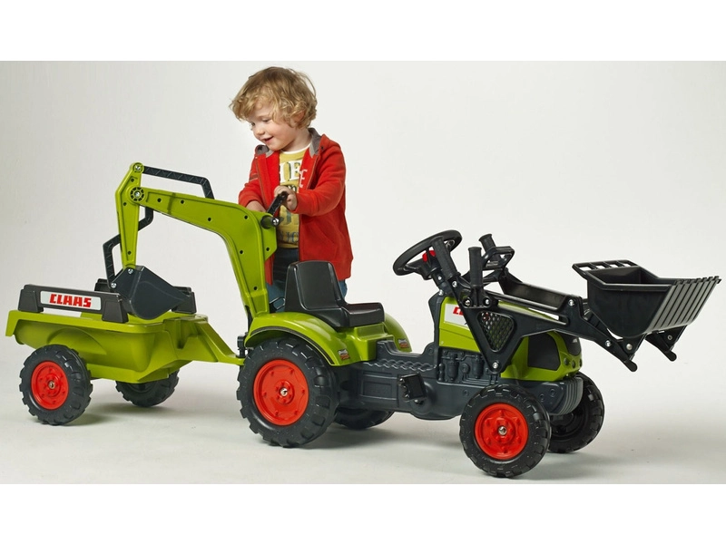 FALK – Šliapací traktor Claas Arion 410 s nakladačom, rýpadlom a vlečkou