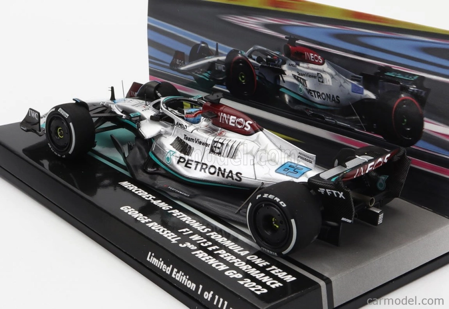 Minichamps Mercedes gp F1 W13e Team Mercedes-amg Petronas F1 N 63 3rd France Gp 2022 George Russell 1:43 Stříbrná Zelená