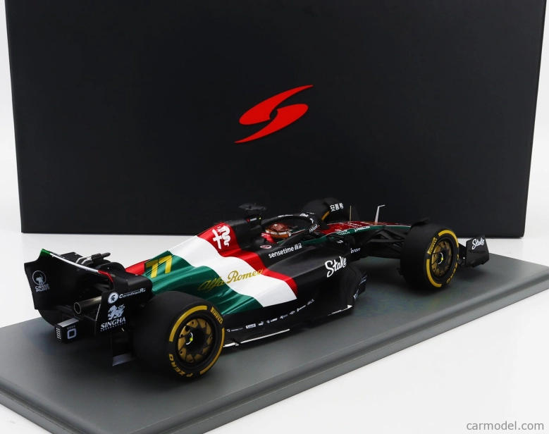 Spark-model Alfa romeo F1  C43 Team Stake N 77 Monza Italy Gp 2023 Valtteri Bottas 1:18 Černá Červená Bílá Zelená