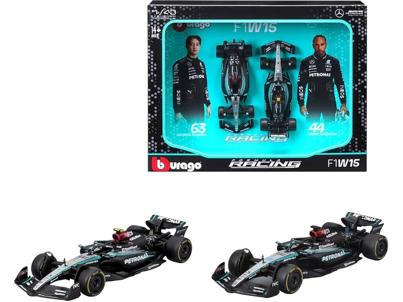 Bburago Mercedes gp Set F1 2x W15 Team Mercedes-amg Petronas Formula One N 44 Season 2024 Lewis Hamilton + N 63 George Russell 1:43 Černá Stříbrná Zelená
