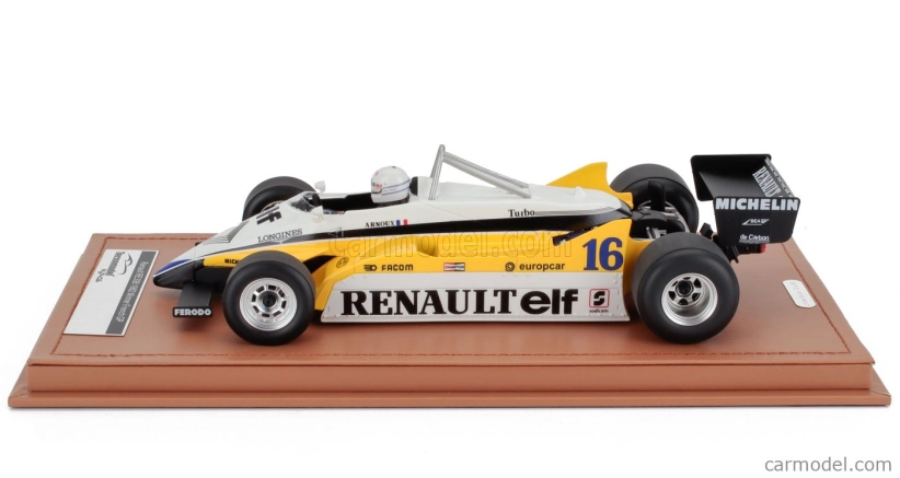 Tecnomodel Renault F1  Re30b V6 Turbo Team Renault Elf N 16 Winner France Gp (with Pilot Figure) 1982 Rene Arnoux 1:18 Bílá Žlutá Černá