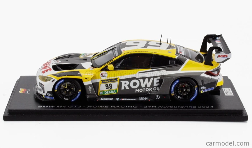 Spark-model BMW radu 4 M4 Gt3 Team Rowe Racing N 99 24h Nurburgring 2024 R.frijns - S.van Der Linde - D.vanthoor - A.farfus 1:43 Sivá Žltá Biela