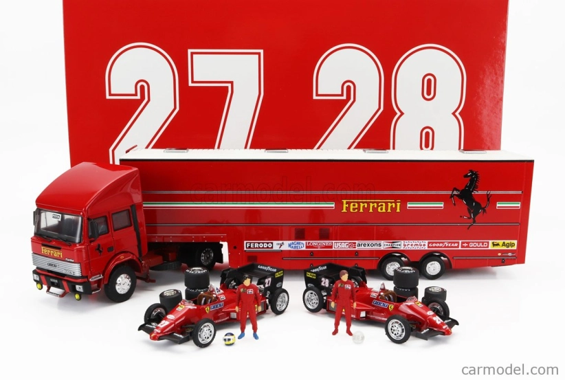 Brumm Iveco fiat Fiat Iveco 190 Truck Car Transporter Monaco Gp 1984 With 2x F1 Ferrari 126ck Turbo N 27 Michele Alboreto - N 28 Rene Arnoux + Figures And Accessories 1:43 Red