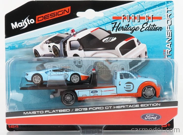 Maisto Ford USA Ramp Truck Wrecker With Ford Gt N 9 Heritage Edition 2019 1:64 oranžová svetlomodrá