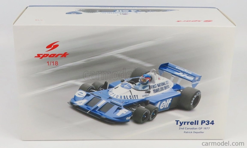 Spark-model Tyrrell F1 P34 Elf N 4 2nd Canada Gp 1977 P.depailler 1:18 Modrá Bílá