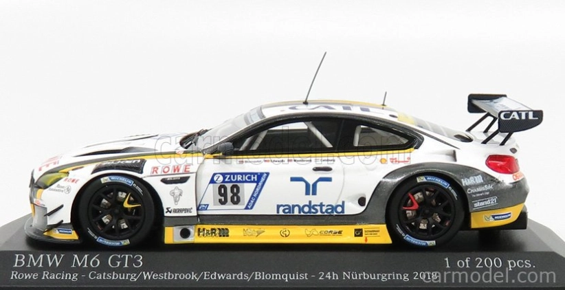 Minichamps BMW radu 6 M6 Gt3 Team Rowe Racing N 98 24h Nurburgring 2018 N.catsburg - R.westbrook - J.edwards - T.blomqvist 1:43 Bielo žltá
