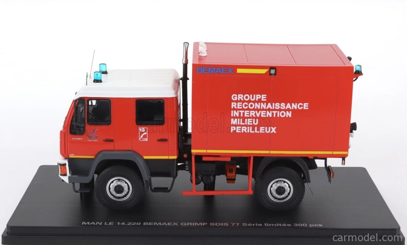 Alerte MAN Le 14.220 Truck Double Cabine Bemaex Grimp Sdis 77 Sapeurs Pompiers Groupe Reconnaissance Intervention Milieu Perilleux 2004 1:43 červená biela žltá