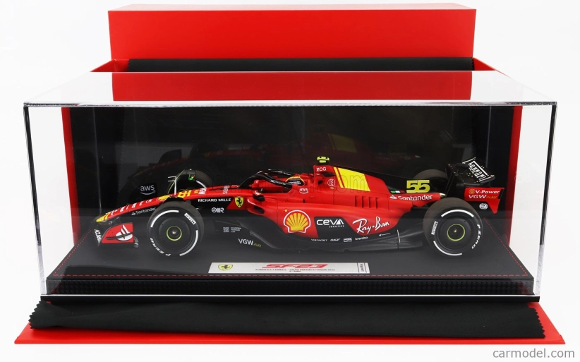 Bbr-models Ferrari F1  Sf-23 Team Scuderia Ferrari N 55 Pole Position 3rd Monza Italy Gp 2023 Carlos Sainz - Con Vetrina - With Showcase 1:18 Červená Černá Žlutá