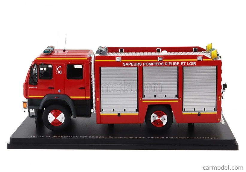 Alerte MAN Le 14.220 Tanker Truck Double Cabine Bemaex Fsr Sdis 28 Sapeurs Pompiers D'eure Et Loir 2004 1:43 Červená sivá