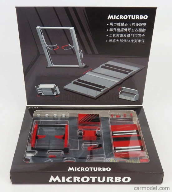 Peako Accessories Set Officina E Revisioni Microturbo - Ponte Sollevatore Auto - Twin Post Lift 1:64 Červená Černá
