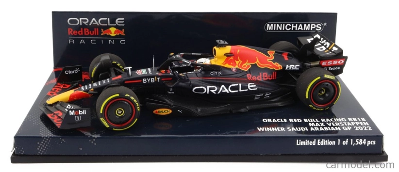 Minichamps Red bull F1 Rb18 Team Oracle Red Bull Racing N 1 Bahrain Gp Majster sveta 2022 Max Verstappen 1:43 Matná modrá žltá červená