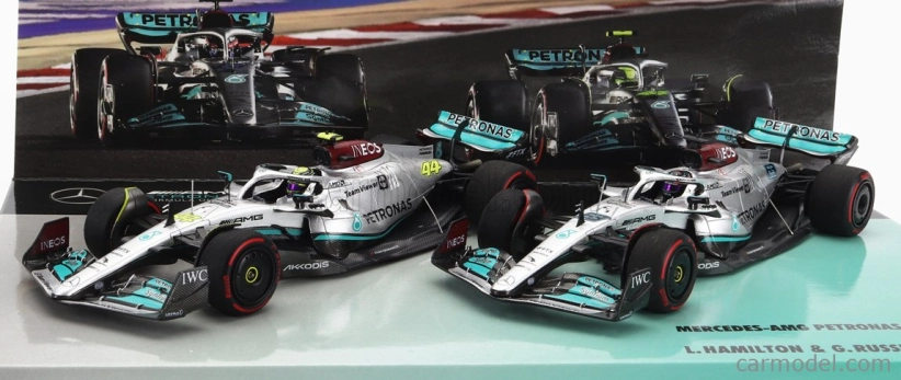 Minichamps Mercedes gp F1 Set 2x W13e Team Mercedes-amg Petronas F1 N 44 3. GP Bahrajnu 2022 Lewis Hamilton + N 63 4. GP Bahrajnu 2022 George Russel 1:43 Silver Green