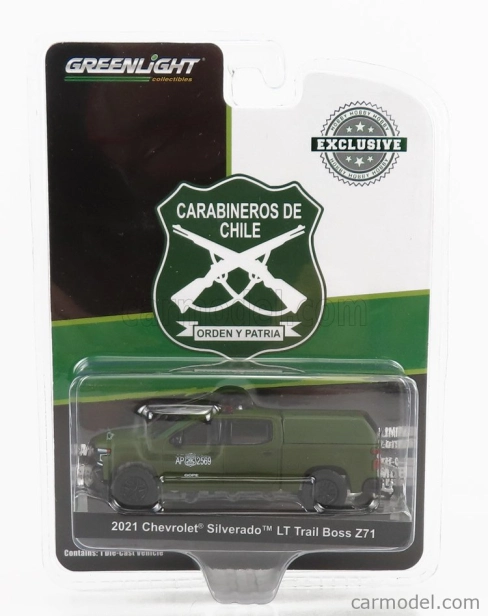 Greenlight Chevrolet Silverado Lt Pick-up Trail Boss Z71 Carabineros De Chile Police 2021 1:64 Vojenská zelená