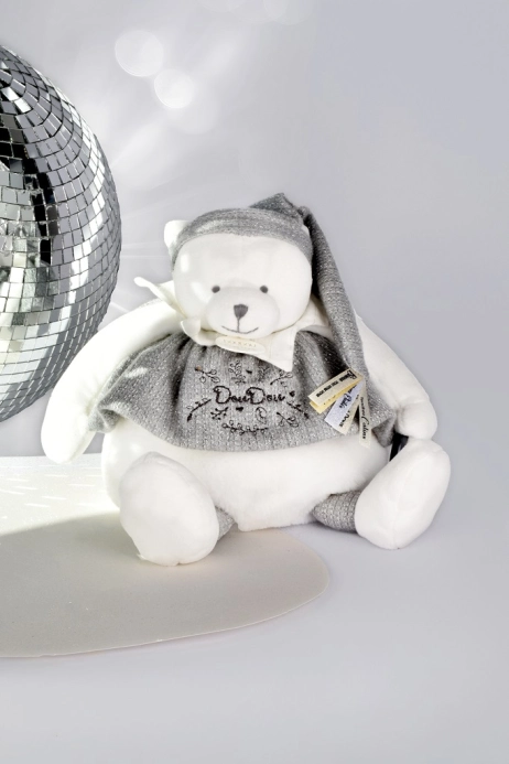 Doudou Darčeková sada Plyšový ľadový medvedík s krúžkom 30 cm sivý